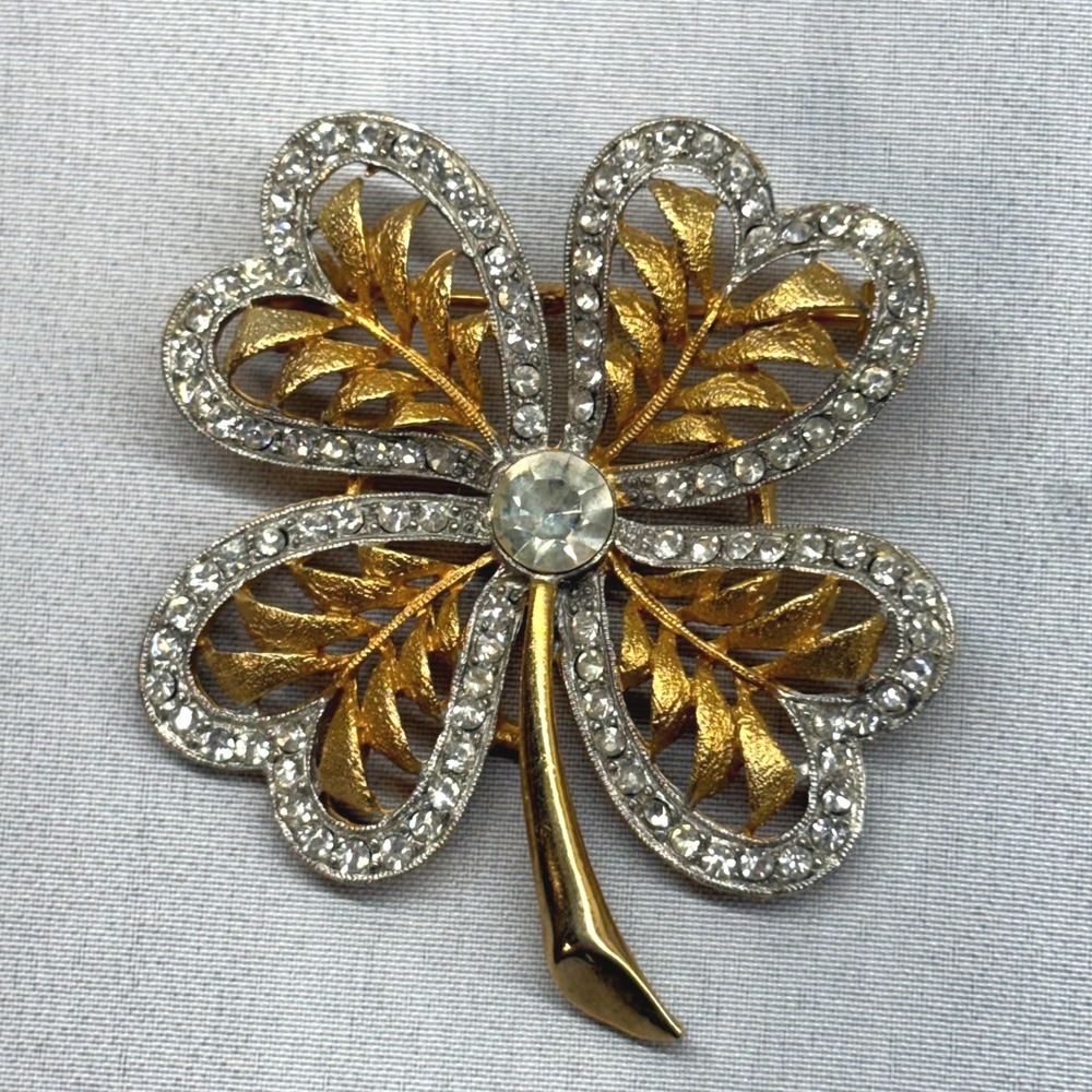 JJ Jonette Jewelry Four Leaf Clover Brooch Womens OS Gold Silver Rhinestone Vtg